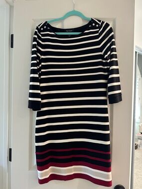 WHBM Black and cream Striped Boatneck Dress with Bordeaux Hem